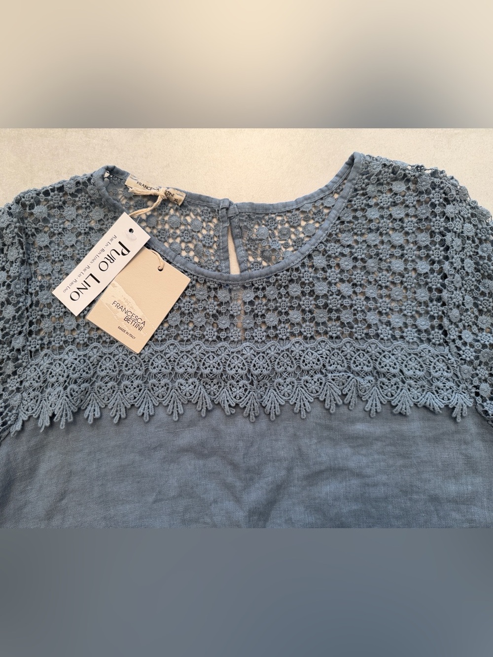 Francesca Bettini Light Blue Crochet Yoke Long-Sleeve Women’s Blouse | XL